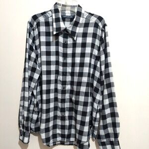 Calvin Klein Jeans Womens XL Plaid Button Up Shirt Long Cuff Sleeve Black White